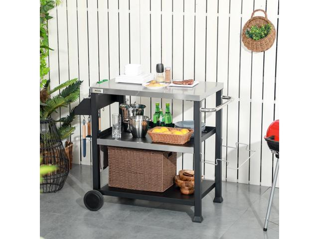 Three-Shelf Outdoor Grill Cart with Stainless Steel Tabletop, Side Handle, 32' x 20.5' Multifunctional Pizza Oven Stand, Movable Food Prep Table on...