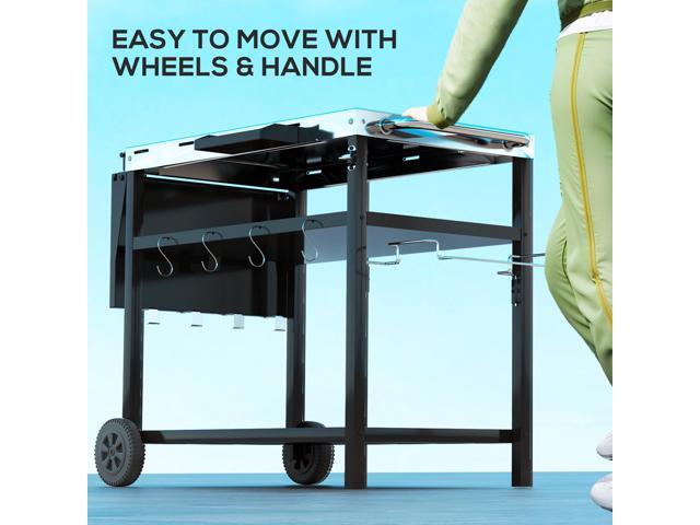 Outdoor Bar Cart Grill Table with Wheels, Stainless Steel Tabletop Outdoor Pizza Oven Stand Prep Table with Three-Shelf Storage and Hooks