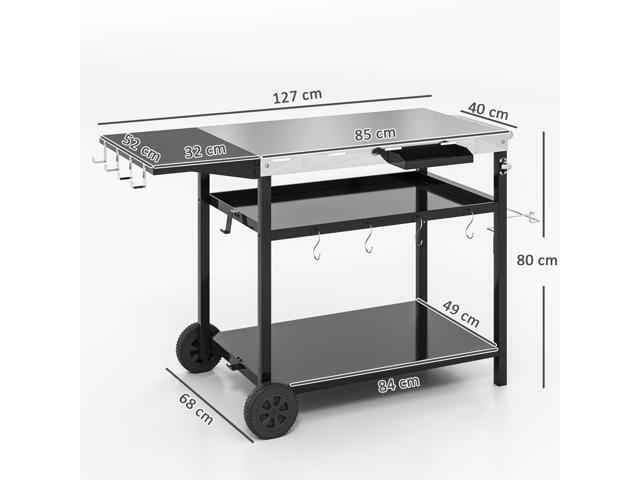 Outdoor Bar Cart Grill Table with Wheels, Stainless Steel Tabletop Outdoor Pizza Oven Stand Prep Table with Three-Shelf Storage and Hooks