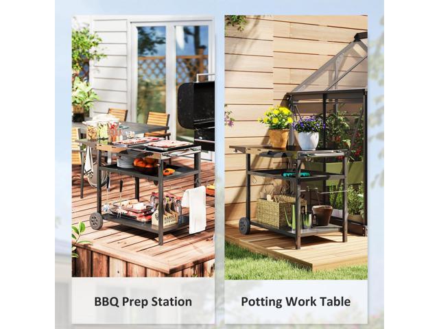 Outdoor Bar Cart Grill Table with Wheels, Stainless Steel Tabletop Outdoor Pizza Oven Stand Prep Table with Three-Shelf Storage and Hooks