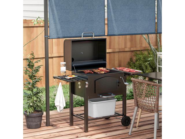 Charcoal Grill, BBQ with Adjustable Height, Portable Barbecue with Folding Shelves, Thermometer, Bottle Opener & Wheels for Outdoor Camping,...