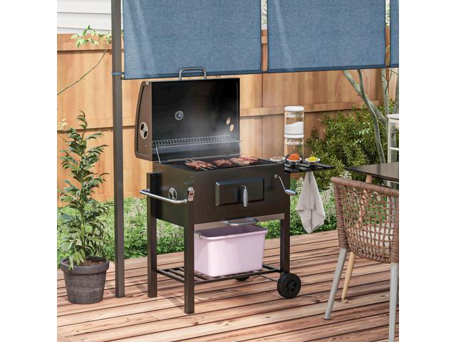 Charcoal BBQ Grill, Outdoor Portable Cooker for Camping or Backyard Picnic with Side Table, Bottom Storage Shelf, Wheels and Handle, Black