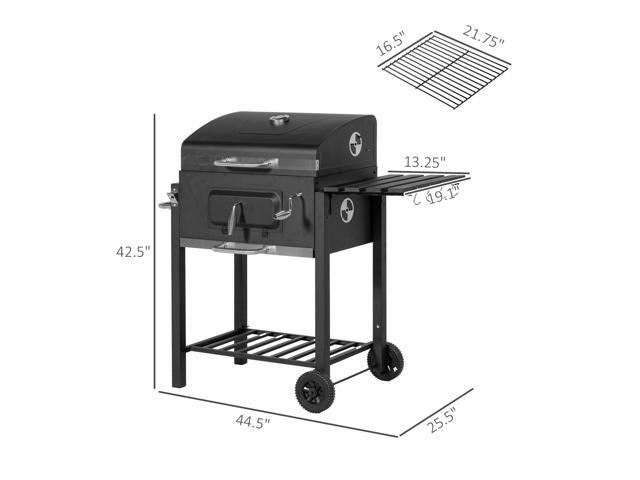Charcoal BBQ Grill, Outdoor Portable Cooker for Camping or Backyard Picnic with Side Table, Bottom Storage Shelf, Wheels and Handle, Black