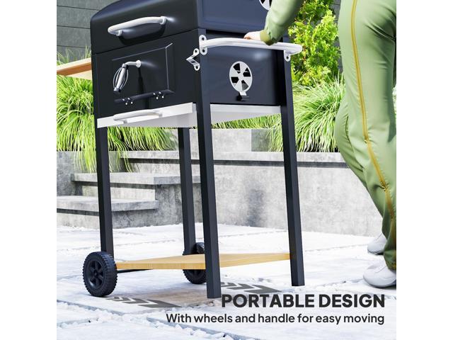 Charcoal BBQ Grill, Portable Barbecue Grill for Camping or Backyard Picnic with Side Table, Bottom Storage Shelf, Wheels and Handle, Black