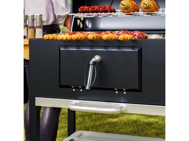 Charcoal BBQ Grill, Portable Barbecue Grill for Camping or Backyard Picnic with Side Table, Bottom Storage Shelf, Wheels and Handle, Black