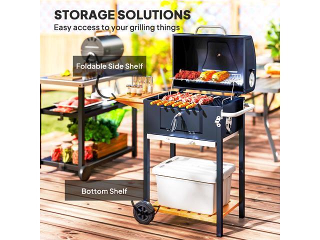 Charcoal BBQ Grill, Portable Barbecue Grill for Camping or Backyard Picnic with Side Table, Bottom Storage Shelf, Wheels and Handle, Black