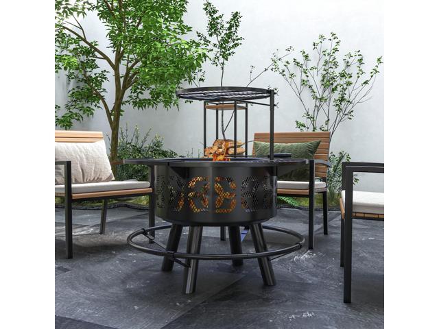 2-in-1 Fire Pit, BBQ Grill, 33' Portable Wood Burning Firepit with Adjustable Cooking Grate, Pan and Poker, Camping Bonfire Stove for Backyard,...