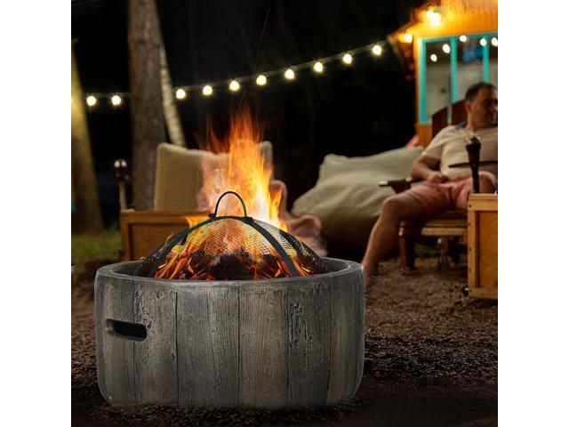 Outdoor Fire Pit, 18 Inch Metal Wood Burning Fireplace with Spark Cover, Poker, Woodgrain Design for Patio, Picnic, Backyard, Dark Brown