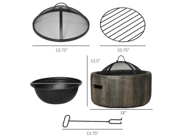 Outdoor Fire Pit, 18 Inch Metal Wood Burning Fireplace with Spark Cover, Poker, Woodgrain Design for Patio, Picnic, Backyard, Dark Brown
