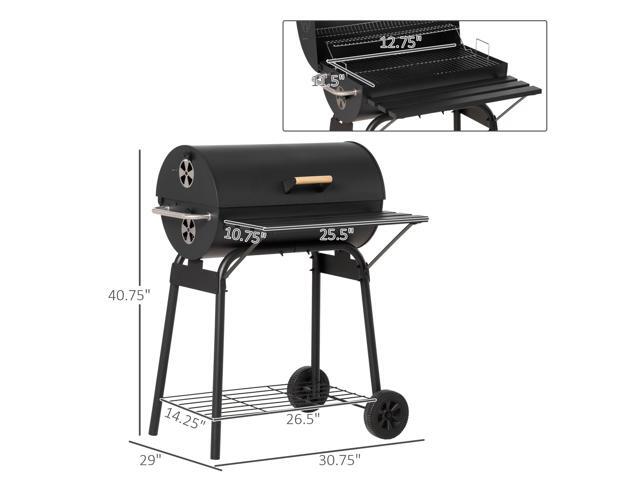 30' Portable Barrel Charcoal BBQ Grill, Steel Outdoor Barbecue Smoker with Storage Shelf, Wheels for Garden Camping Picnic, Black