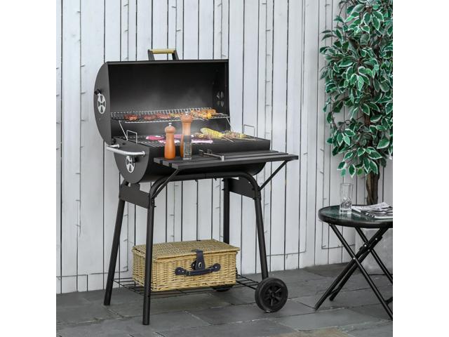 30' Portable Barrel Charcoal BBQ Grill, Steel Outdoor Barbecue Smoker with Storage Shelf, Wheels for Garden Camping Picnic, Black