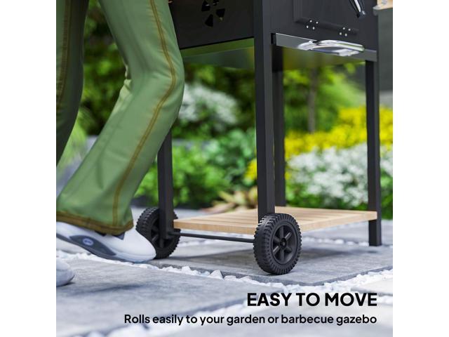 Charcoal BBQ Grill with 245 sq. in. Cooking Area, Outdoor Barbecue Grill with Adjustable Charcoal Pan, 3 Shelves, Thermometer, Wheels, Black
