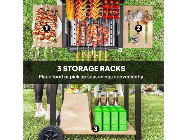 Charcoal BBQ Grill with 245 sq. in. Cooking Area, Outdoor Barbecue Grill with Adjustable Charcoal Pan, 3 Shelves, Thermometer, Wheels, Black