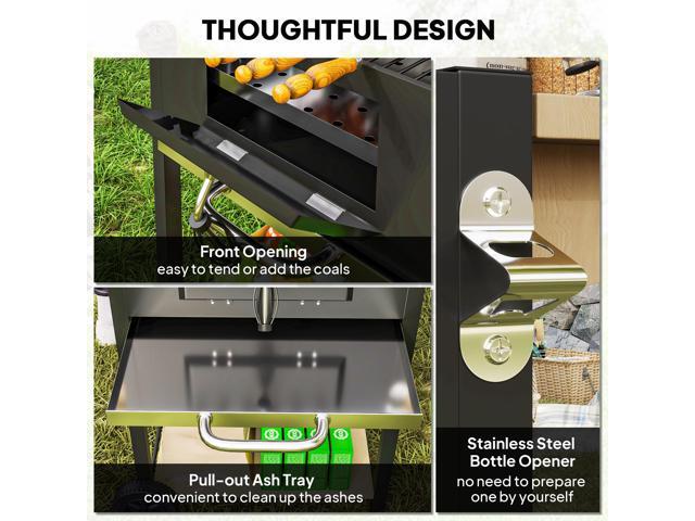 Charcoal BBQ Grill with 245 sq. in. Cooking Area, Outdoor Barbecue Grill with Adjustable Charcoal Pan, 3 Shelves, Thermometer, Wheels, Black