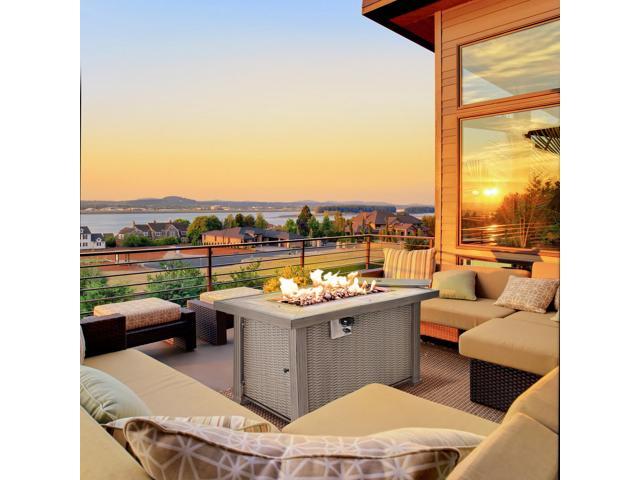 42' Propane Fire Pit Table, 50,000 BTU Wicker-effect Auto-Ignition Gas Fireplace Fire Pits with Ceramic Tabletop, Steel Base, Lid, Lava Rocks and...