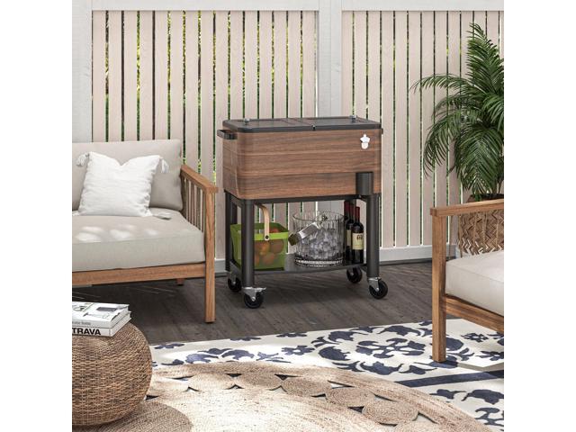 Outdoor Cooler Cart, Rolling Beverage Ice Chest, Rugged Steel Patio Cooler with Locking Wheels, 60 Quart Capacity for Poolside BBQs, Brown