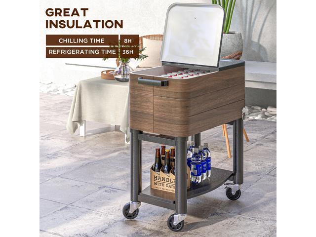 Outdoor Cooler Cart, Rolling Beverage Ice Chest, Rugged Steel Patio Cooler with Locking Wheels, 60 Quart Capacity for Poolside BBQs, Brown