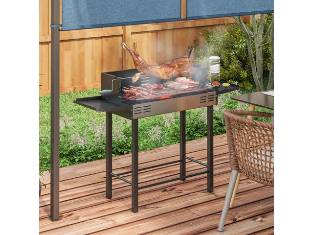 BBQ Rotisserie Grill Roaster, Charcoal Split Roaster for Chicken or Turkey with 3-Level Grill Grate, Foldable Storage Shelves, and Wind Deflector,...