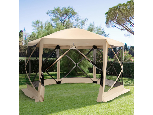 12' x 12' Hexagon Screen House, Pop Up Tent Portable Gazebo Canopy Shelter with Mesh Netting Walls, Carry Bag and Shaded Interior, Beige