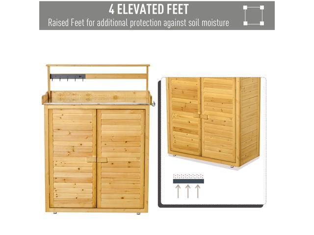 Garden Potting Bench Table Wooden Workstation Shed with Tabletop, Hooks, 3-Tier Shelves Cabinet and 2 Magnetic Close Doors