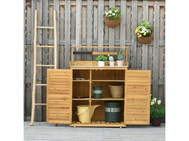 Garden Potting Bench Table Wooden Workstation Shed with Tabletop, Hooks, 3-Tier Shelves Cabinet and 2 Magnetic Close Doors