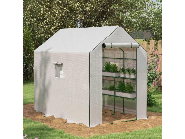 4.6' x 4.7' Portable Greenhouse, Water/UV Resistant Walk-In Small Outdoor Greenhouse with 2 Tier U-Shaped Flower Rack Shelves, Roll Up Door &...