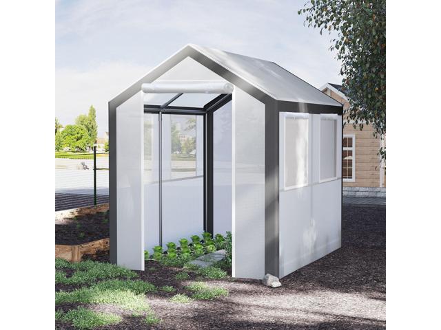8' x 6' x 7' Walk-In Greenhouse, Outdoor Garden Warm Hot House with 4 Roll-up Windows, 2 Zippered Doors and Weather Cover, White