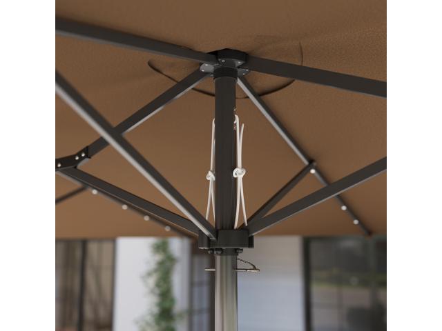 Double-Sided Sun Umbrella, Outdoor Garden Parasol, Patio Sun Shade with LED Solar Light, Coffee