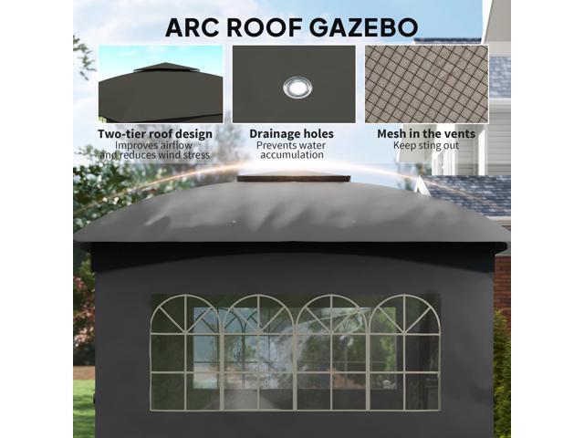 11' x 11' Outdoor Patio Gazebo with Curtains, Church Windows, Galvanized Steel Frame for Lawn, Backyard and Deck, Dark Gray