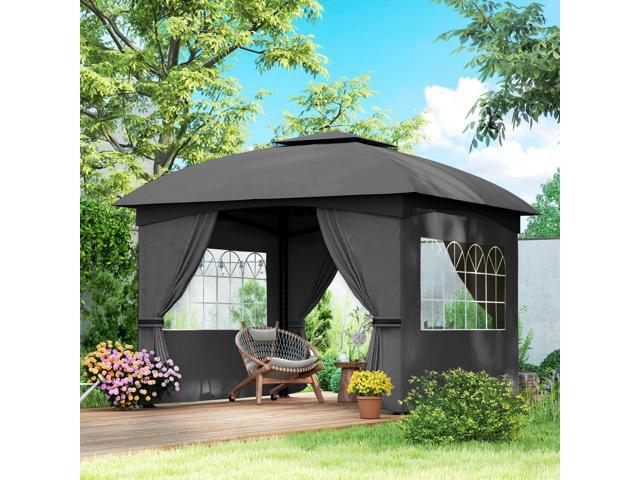 11' x 11' Outdoor Patio Gazebo with Curtains, Church Windows, Galvanized Steel Frame for Lawn, Backyard and Deck, Dark Gray