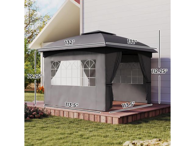 11' x 11' Outdoor Patio Gazebo with Curtains, Church Windows, Galvanized Steel Frame for Lawn, Backyard and Deck, Dark Gray