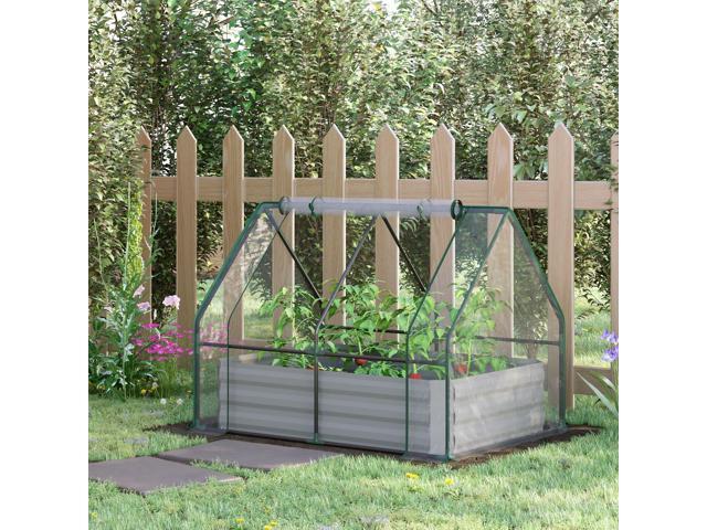 4' x 3' Galvanized Raised Garden Bed with Mini PVC Greenhouse Cover, Outdoor Metal Planter Box with 2 Roll-Up Windows for Growing Flowers, Fruits,...