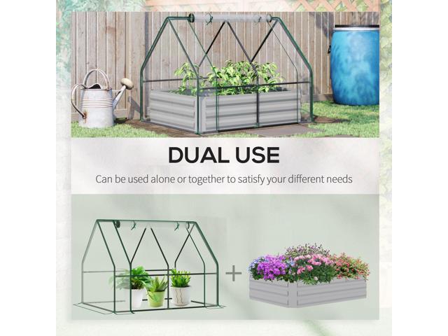 4' x 3' Galvanized Raised Garden Bed with Mini PVC Greenhouse Cover, Outdoor Metal Planter Box with 2 Roll-Up Windows for Growing Flowers, Fruits,...