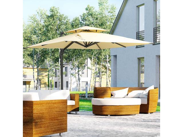 10ft Offset Patio Umbrella, Hanging Cantilever Umbrella, Square Shape, Aluminum Cross Base, Tilt, 360-Degree Rotation, Beige