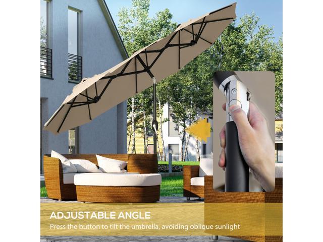 Double-sided Patio Umbrella 9.5' Large Outdoor Market Umbrella with Push Button Tilt and Crank, 3 Air Vents and 12 Ribs, for Garden, Deck, Pool, Brown
