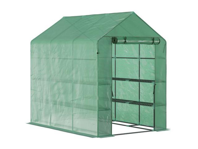 7' x 5' x 6.5' Walk-in Greenhouse, PE Cover, 3-Tier Shelves, Steel Frame Hot house, Roll-Up Zipper Door for Flowers, Vegetables, Saplings, Tropical...