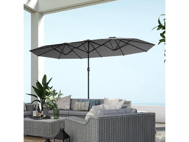 Double-Sided Sun Umbrella, Outdoor Garden Parasol, Patio Sun Shade with LED Solar Light, Sand Base, Gray