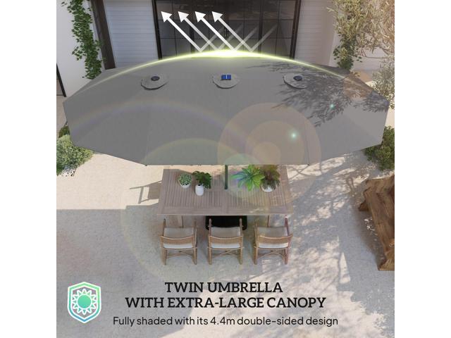 Double-Sided Sun Umbrella, Outdoor Garden Parasol, Patio Sun Shade with LED Solar Light, Sand Base, Gray