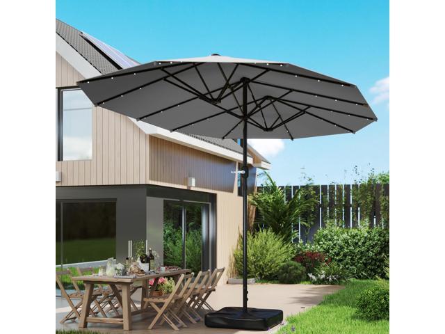Double-Sided Sun Umbrella, Outdoor Garden Parasol, Patio Sun Shade with LED Solar Light, Sand Base, Gray