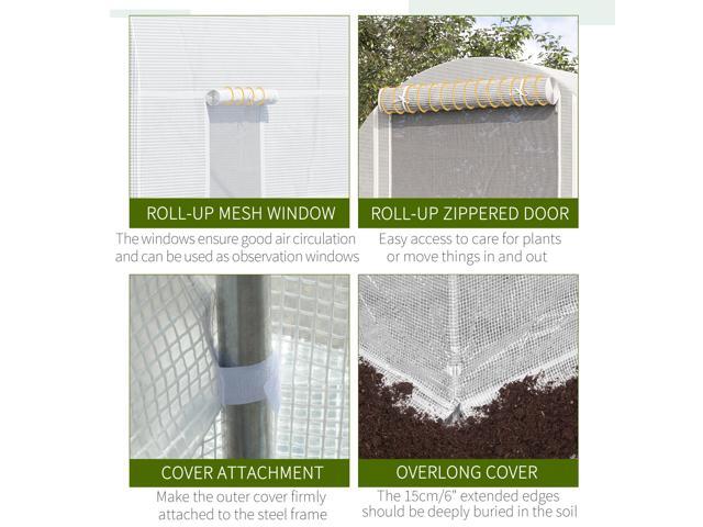 15' x 7' x 7' Walk-In Tunnel Greenhouse, Large Garden Hot House Kit with 6 Roll-up Windows & Roll Up Door, Steel Frame, White