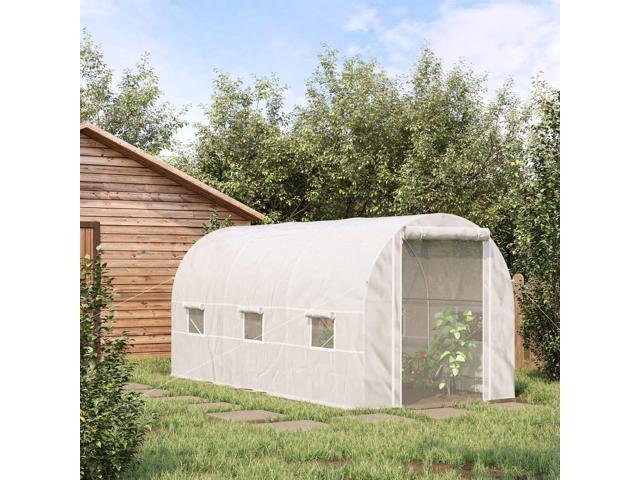 15' x 7' x 7' Walk-In Tunnel Greenhouse, Large Garden Hot House Kit with 6 Roll-up Windows & Roll Up Door, Steel Frame, White
