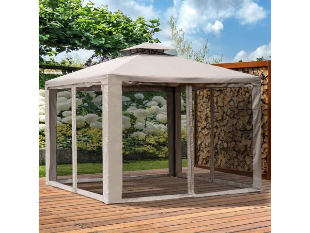 9.6' x 9.6' Patio Gazebo, Outdoor Canopy Shelter with 2-Tier Roof and Netting, Steel Frame for Garden, Lawn, Backyard, and Deck, Taupe