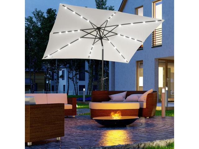 9' x 7' Solar Umbrella, LED Lighted Patio Umbrella for Table or Base with Tilt & Crank, Outdoor Umbrella for Garden, Deck, Backyard, Pool, Beach,...