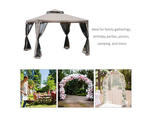 9.6' x 9.6' Patio Gazebo, Outdoor Canopy Shelter with 2-Tier Roof and Netting, Steel Frame for Garden, Lawn, Backyard, and Deck, Taupe