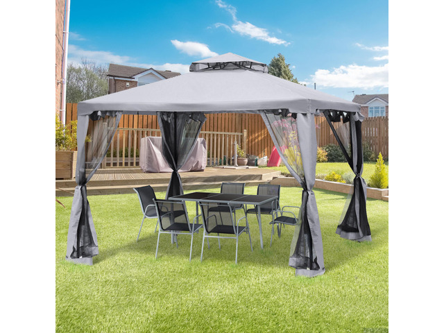9.6' x 9.6' Patio Gazebo, Outdoor Canopy Shelter with 2-Tier Roof and Netting, Steel Frame for Garden, Lawn, Backyard, and Deck, Gray