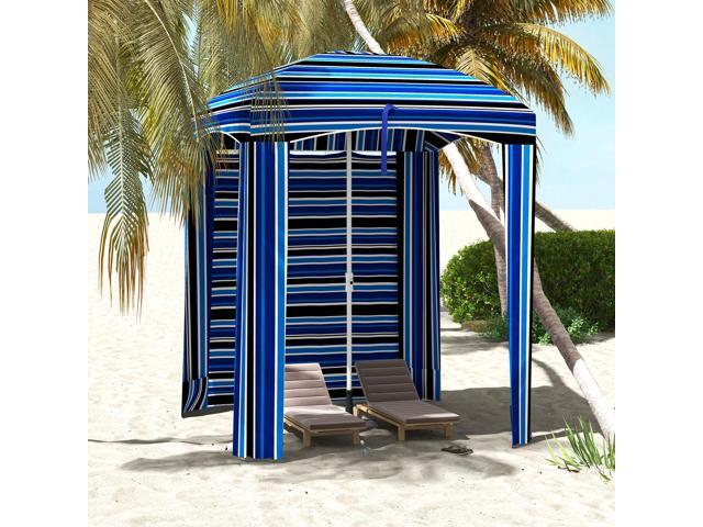 5.9' x 5.9' Portable Beach Umbrella, Ruffled Outdoor Cabana with Walls, Vents, Sandbags, Carry Bag, Blue Stripe