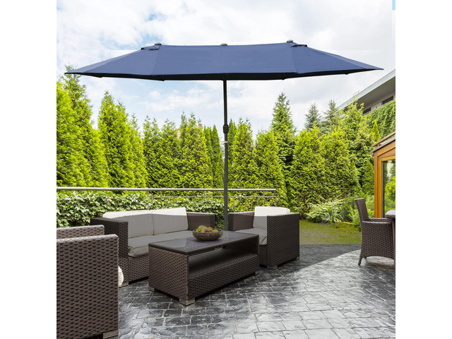 Patio Umbrella 15' Steel Rectangular Outdoor Double Sided Market with base, Sun Protection & Easy Crank for Deck Pool Patio, Dark Blue