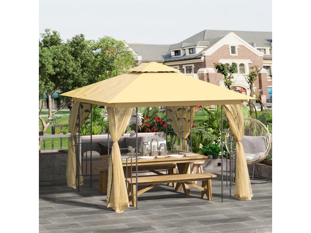 10' x 10' Metal Patio Gazebo, Double Roof Outdoor Gazebo Canopy Shelter with Tree Motifs Corner Frame and Netting, for Garden, Lawn, Backyard, and...