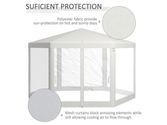 13' x 11' Outdoor Party Tent, Hexagon Sun Shade Shelter Canopy with Protective Mesh Screen Sidewalls, Ropes & Stakes, Cream White