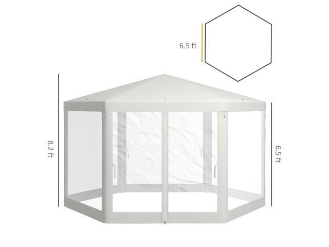 13' x 11' Outdoor Party Tent, Hexagon Sun Shade Shelter Canopy with Protective Mesh Screen Sidewalls, Ropes & Stakes, Cream White